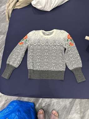 Anthropologie Karolina Wool Cashmere Floral Embroidered Chevron Puff Sleeve Swea